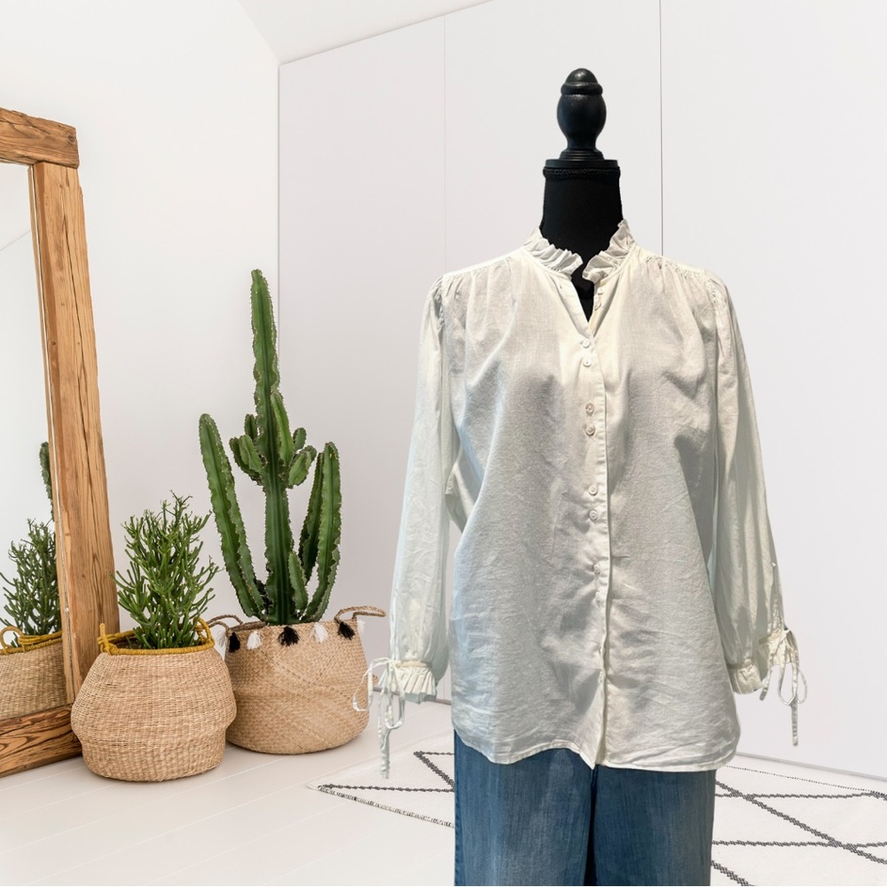 Sundance Long Sleeve Ruffled Neckline Button Down Top
